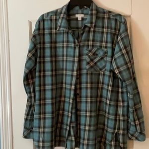 J Jill Teal, Brown & Off White Plaid Blouse